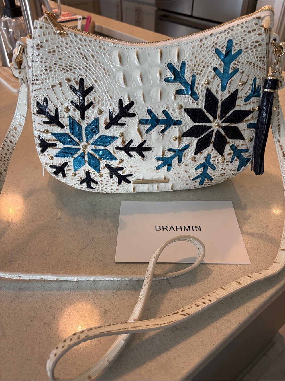 Brahmin White Crossbody with Blue & Black Snowflake Appliqué